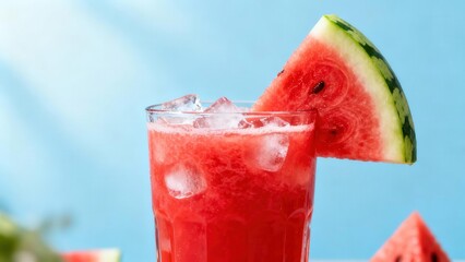 A chilled glass of vibrant watermelon juice, garnished with a refreshing slice, is presented against a light blue background.