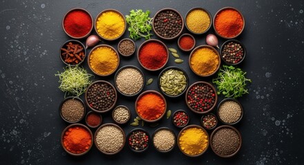 Variety of Colorful Spices and Herbs Arranged in Bowls on Dark Background