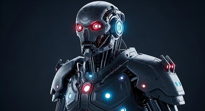 A detailed futuristic robot, showcasing advanced engineering and vibrant lighting.