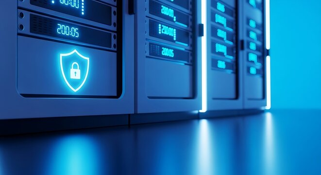 Secure Servers Shining with Protective Glow and Data Processing Encrypted Information in the digital cloud Blue Cyber