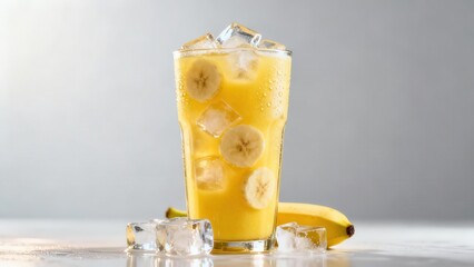 A refreshing, vibrant glass of banana smoothie, bursting with icy cubes and sliced bananas, presented on a light surface against a neutral background.