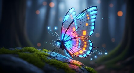 Magical bioluminescent butterfly with glowing wings perched on a mossy branch in a mystical forest setting