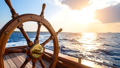 Classic wooden rudder on a sailboat, with the vast blue ocean