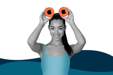 Trend artwork 3D sketch image photo collage of travel vacation seaside ocean water wave young lady portrait head huge eye ball peek watch