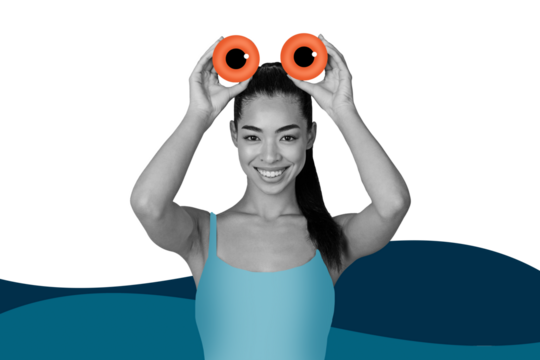 Trend artwork 3D sketch image photo collage of travel vacation seaside ocean water wave young lady portrait head huge eye ball peek watch