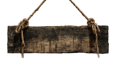 Old weathered horror wooden sign with rope knots and stains, isolated on transparent cutout background