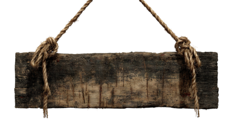 Old weathered horror wooden sign with rope knots and stains, isolated on transparent cutout background