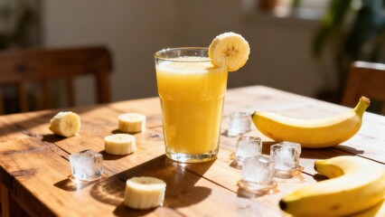A refreshing banana smoothie in a glass, garnished with a banana slice, sits on a rustic wooden table with ice cubes and more banana slices.