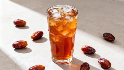 Refreshing iced drink and dates on a light surface, showcasing a vibrant brown beverage and dried...