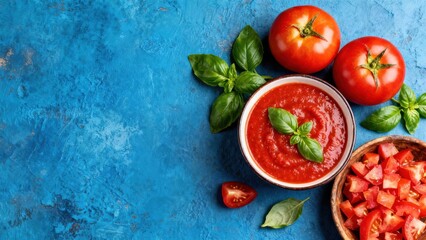 Fresh, vibrant tomato sauce, whole and diced tomatoes, and basil leaves arranged on a textured blue surface, showcasing a healthy, appetizing food composition.