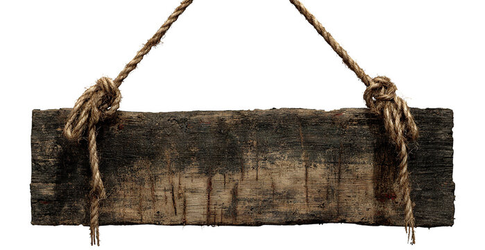 Old weathered horror wooden sign with rope knots and stains, isolated on transparent cutout background - Powered by Adobe