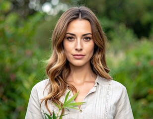 Fototapeta premium Woman in Sustainable Bamboo Shirt Posing Outdoors