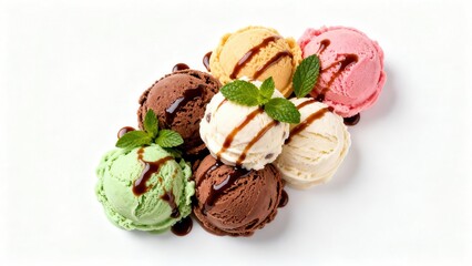 Assorted ice cream scoops, drizzled with sauces, arranged artfully on a white surface, showcasing a variety of flavors and textures.