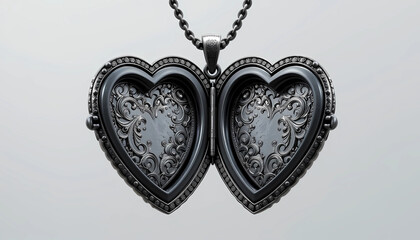 Open heart locket pendant isolated on white background, revealing intricate floral details inside