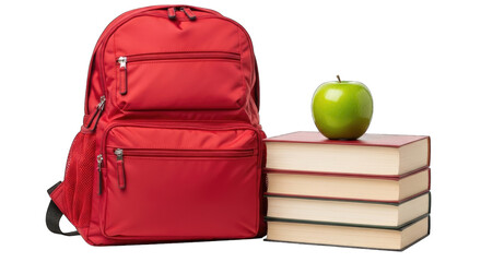 Red backpack stacked books and green apple isolated on transparent background