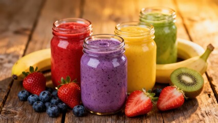 Colorful smoothies in glass jars, garnished with fresh fruit, sit on a wooden surface, displaying vibrant hues and healthy ingredients.