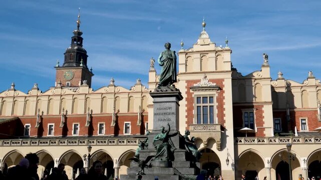 Poland Krakow Cloth Hall Sukiennice Market and St. Mary's Basilica Bazylika Mariacka in the City Centre of Krakow, Poland, a Polish cultural capital with renaissance architecture