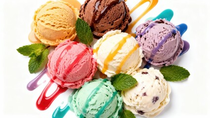 Colorful ice cream scoops arranged artfully on a white plate, drizzled with various sauces and garnished with fresh mint leaves.