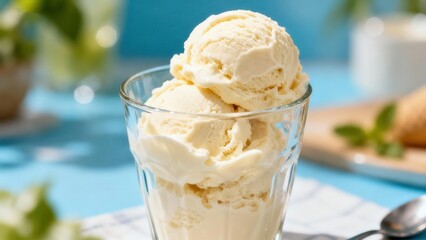 Two scoops of creamy vanilla ice cream in a glass dish, bathed in soft natural light against a light blue backdrop.