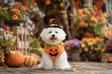 ハロウィン衣装で微笑む白い小型犬