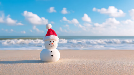  Snowman on the beach under blue sky with white clouds. Fun winter scene with contrast of snow and summer beach concept.
