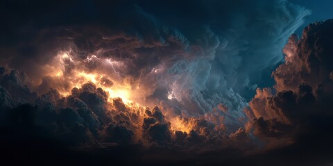 Naklejka premium Intense storm clouds illuminated by lightning and sunset glow