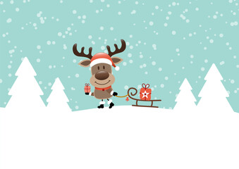 Rentier Zieht Schlitten Mit Geschenk Schnee Und Wald T&uuml;rkis