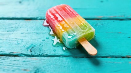 A melting rainbow popsicle rests on a vibrant teal wooden surface, showcasing a delightful summer scene.