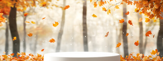 A white, minimalist podium against the backdrop of an autumn forest with falling colorful leaves and soft bokeh, with ample space for text, makes a modern autumn banner