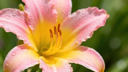 of a delicate pink and yellow daylily, showcasing its intricate ruffled petals and water droplets, bathed in soft sunlight.