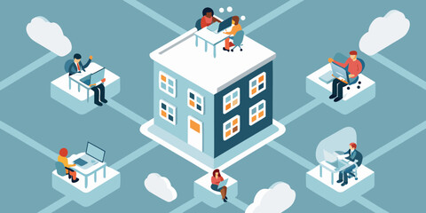 Isometric illustration of a connected network of people working remotely from different locations