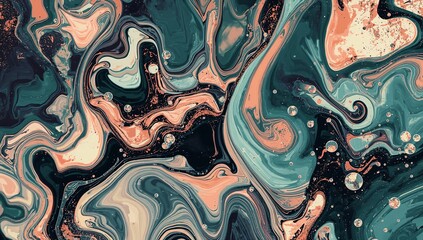 Abstract Swirls of Teal, Peach, and Black: A Fluid Acrylic Pour Painting