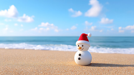 Snowman on the beach with blue sea background. Christmas concept.