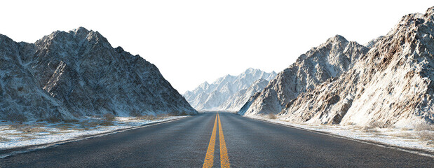 Long highway between snowy peaks, isolated on transparent cutout background