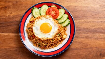 A plate of flavorful fried rice garnished with sliced cucumber and tomato, featuring a sunny-side-up egg, sits atop a wooden surface.