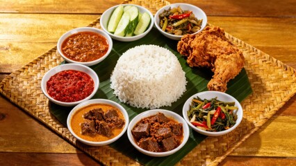 A variety of flavorful dishes, including rice, fried chicken, and various curries, are arranged attractively on a woven placemat.