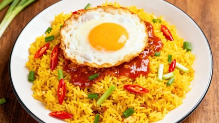 A plate of flavorful, yellow fried rice topped with a sunny-side-up egg and a vibrant red sauce, garnished with green onions and red chili peppers.