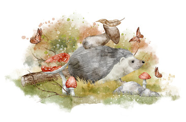 Watercolor Hedgehog among mushrooms, butterflies, and forest plants. Illustration of woodland animal for seasonal childish greeting cards or baby invitations. Art of scene with autumn plants