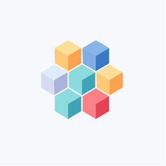 Graphic illustration of seven colorful cubes arranged in a honeycomb pattern on a white background with a modern and geometric feel.