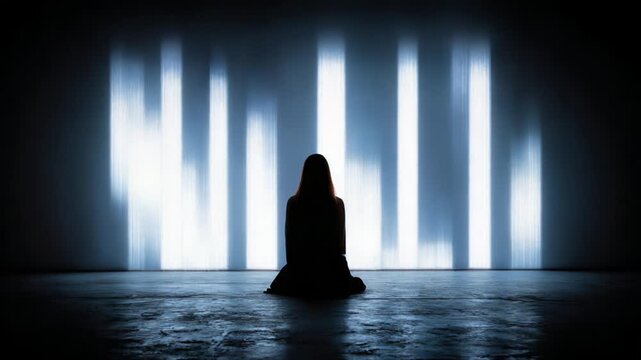 A Contemplative Figure in Silhouette Amidst Stark Lights and Shadows, Evoking Themes of Isolation and Reflection in a Digital Landscape