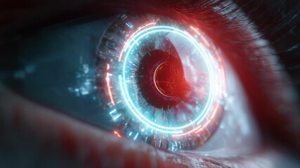 Macro close up of a bionic human eye with glowing digital HUD scanning iris data, AI powered biometric interface merging cybernetics and augmented reality for futuristic security and diagnostics - Powered by Adobe