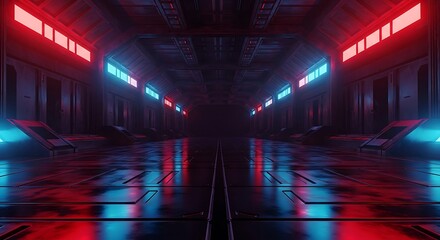 Futuristic Spaceship Corridor with Glowing Red and Blue Lights Reflecting on the Metallic Floor and Walls Casting a