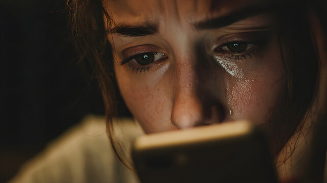 Tearful Moment: A close-up shot showing a woman holding a smart phone, a mix of emotions, loneliness and desparation on display. capturing the deep human experience.