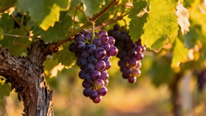 Clusters of ripe purple grapes hang heavy on vines, bathed in warm sunlight.