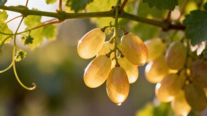 of clusters of ripe, golden-yellow grapes, glistening with morning dew, hanging from a vine, illuminated by the warm sunlight.