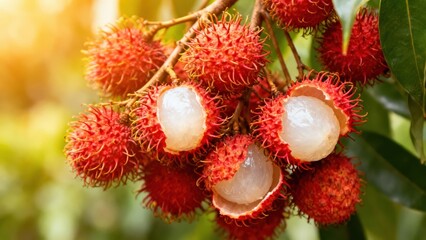 of rambutan fruits, vibrant red and hairy, with a soft, natural glow.
