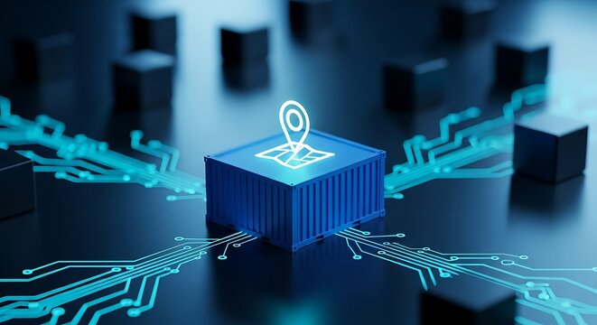Blue Shipping Container with Map Pointer Icon Connected by Cyber Network Dark Background with Cubes Technology Logistics