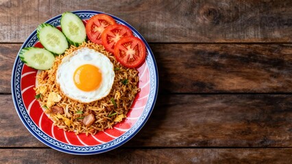A vibrant plate of nasi goreng, showcasing a fried rice dish with a fried egg, cucumber, and tomato garnish on a decorative plate.