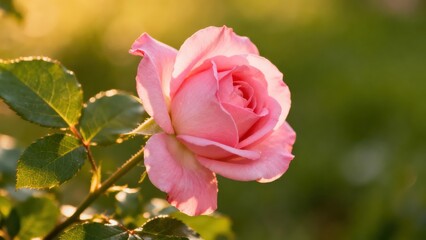 A delicate pink rose blooms in the golden sunlight, showcasing soft petals and lush green leaves.