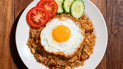 Fried rice with a fried egg, garnished with tomato and cucumber slices, displayed on a white plate.